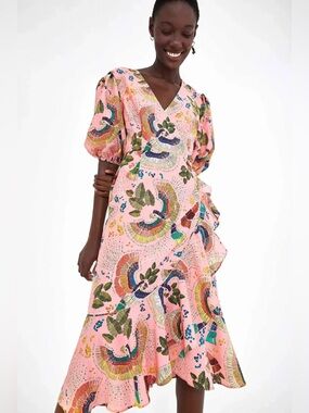 Farm Rio Pink Floral Tropical Birds Ruffle Wrap Dress Size Small